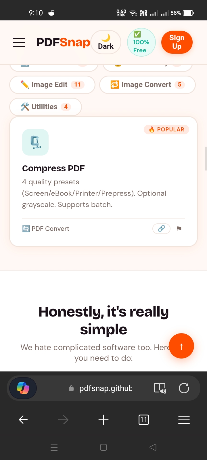 PDFSnap homepage showing the Compress PDF tool card marked as Popular with description of 4 quality presets