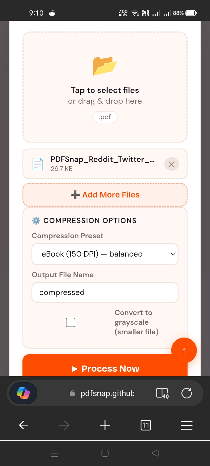 PDFSnap Compress PDF tool with a file loaded showing Compression Options panel with eBook 150 DPI preset selected and grayscale conversion checkbox