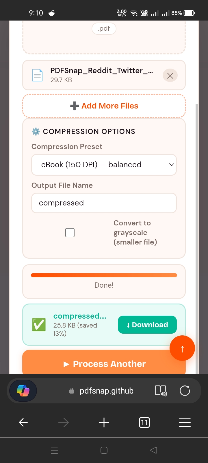 PDFSnap Compress PDF result showing compressed file at 25.8 KB with saved 13 percent displayed and a green Download button