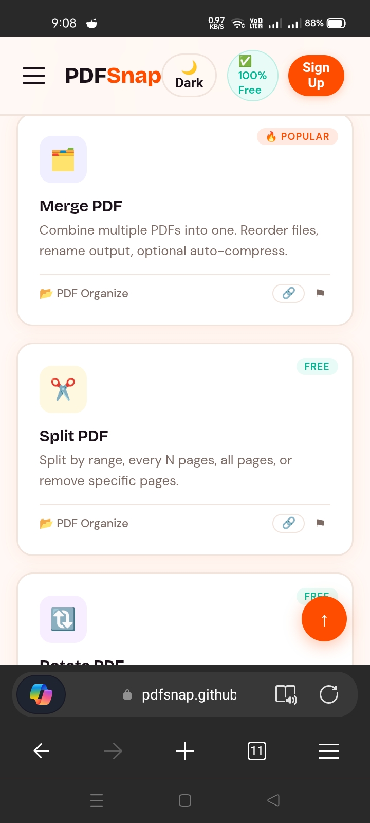 PDFSnap homepage showing the PDF to JPG PNG tool card marked as Popular under PDF Convert category