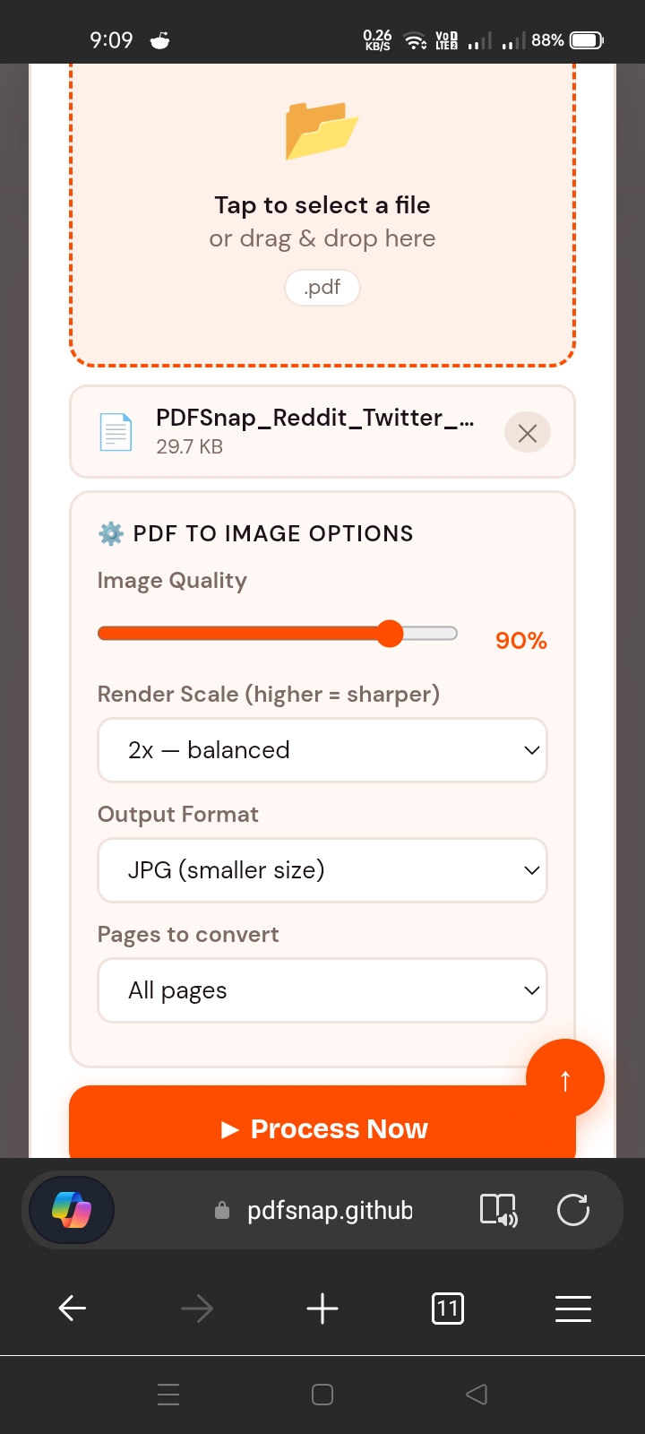 PDFSnap PDF to JPG tool showing a file loaded with PDF to Image Options panel displaying 90 percent quality slider, 2x balanced render scale, JPG output format and All pages selection
