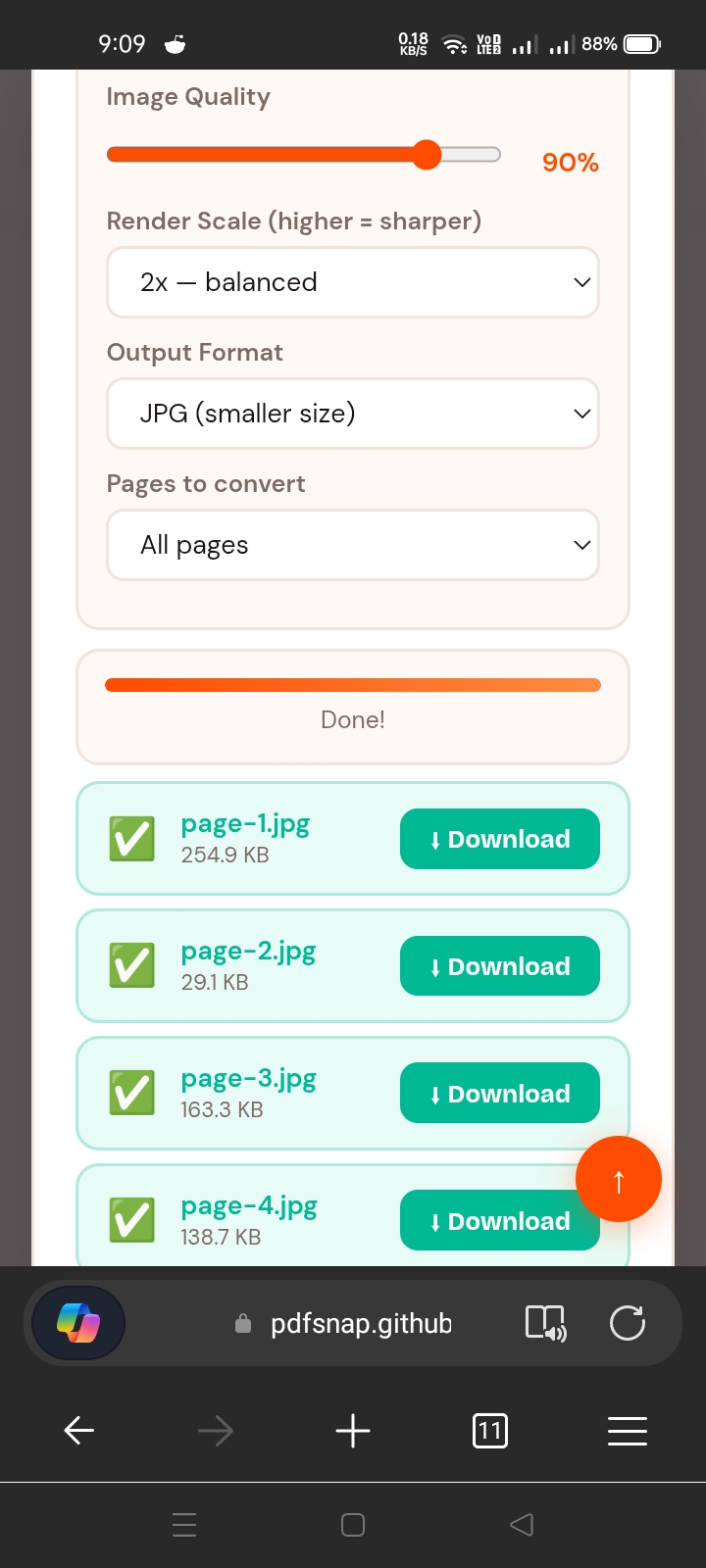 PDFSnap PDF to JPG result showing Done message with individual download buttons for page-1.jpg through page-4.jpg each with their file sizes