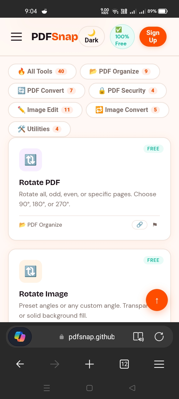 PDFSnap homepage showing the Rotate PDF tool card under PDF Organize category