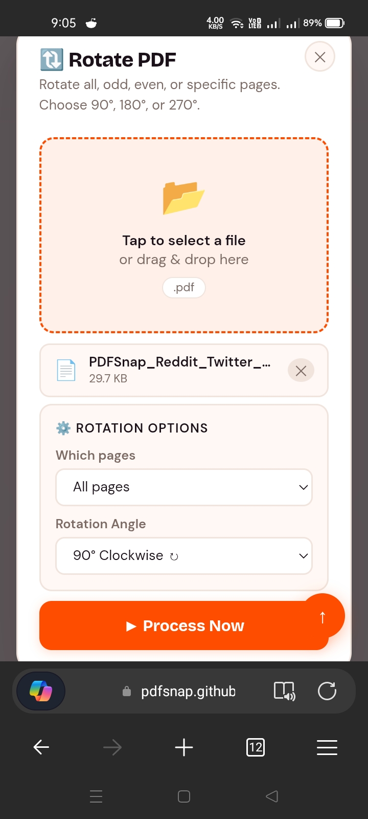 PDFSnap Rotate PDF tool with a file loaded, showing Rotation Options panel with All Pages and 90 degrees Clockwise selected, and the Process Now button