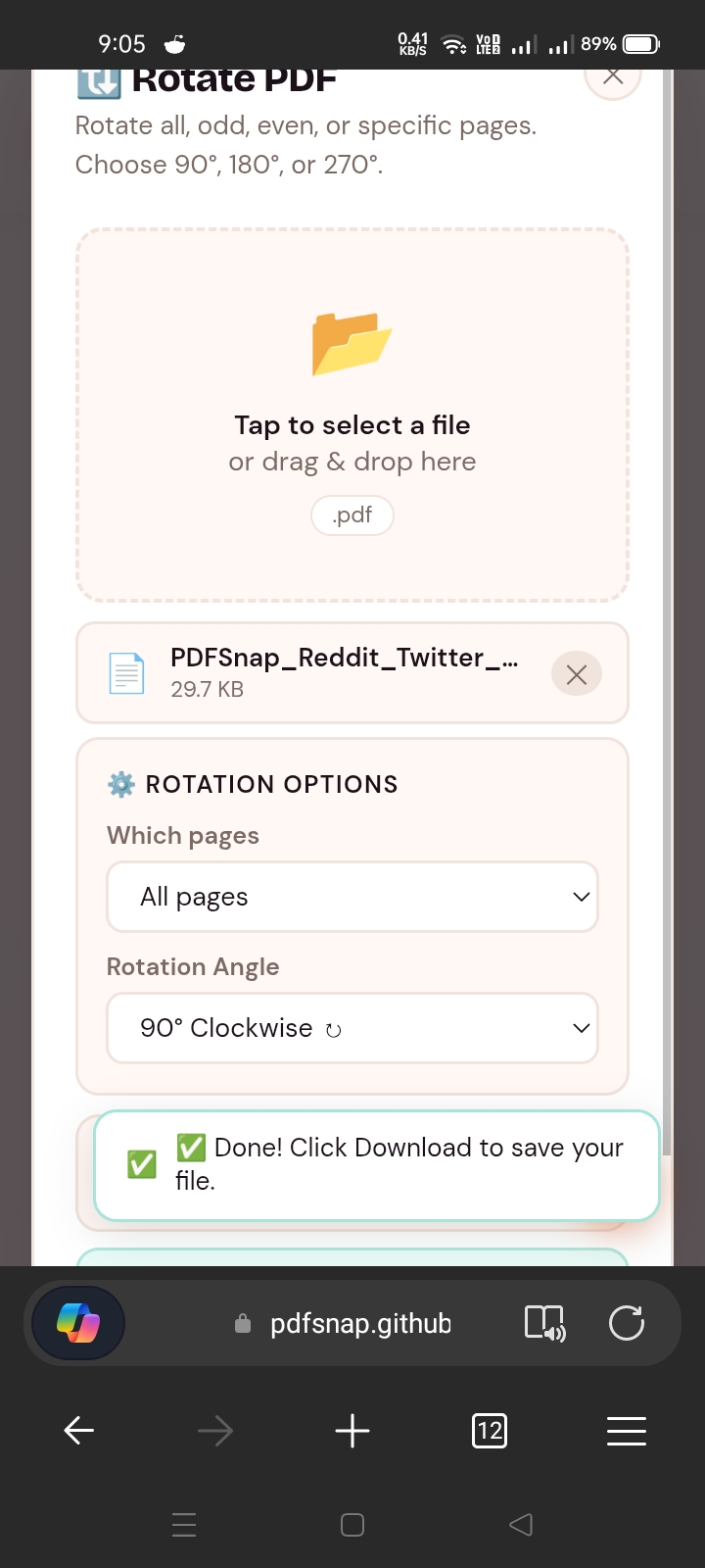 PDFSnap showing Done confirmation message after rotating a PDF