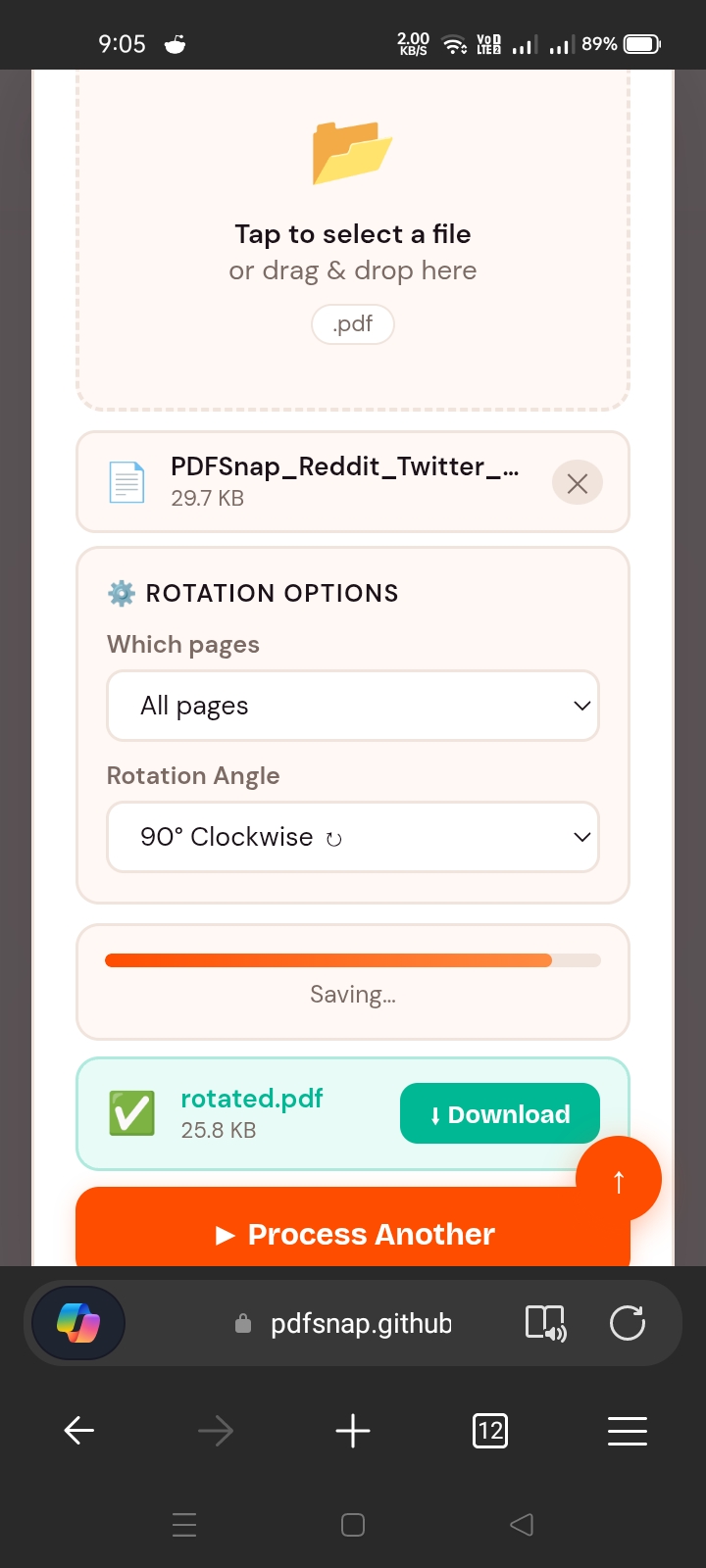 PDFSnap showing rotated.pdf ready to download with a green Download button and Process Another option